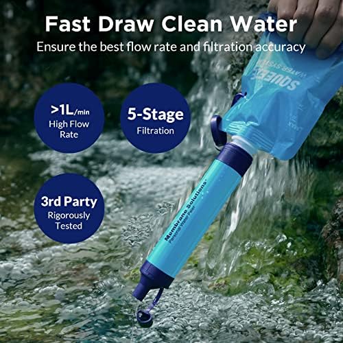 Membrane Solutions Squeezable Water Filtration System Survival Water Purifier Kit Portable Backpacking Gear Including Water Filter Straw and 23oz Collapsible Bottle for Hiking Camping Travel(5+6)