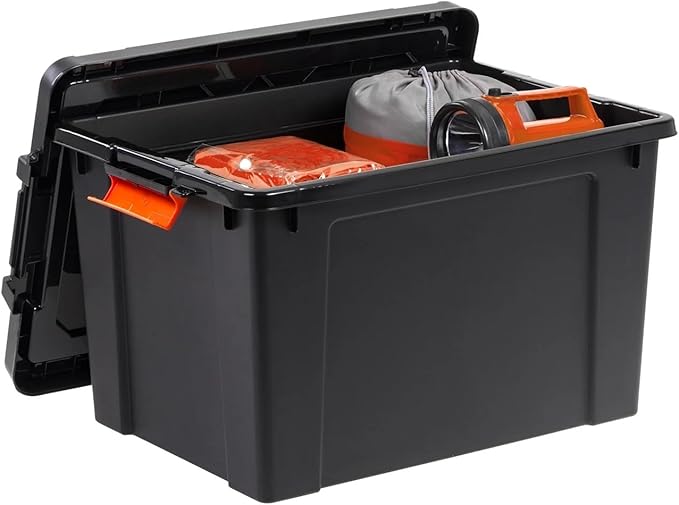 76Qt/19 Gal. Heavy Duty Plastic Storage Bins with Lockable Lids - Stackable Latching Totes for Tools Seasonal Items Sports Equipment Black