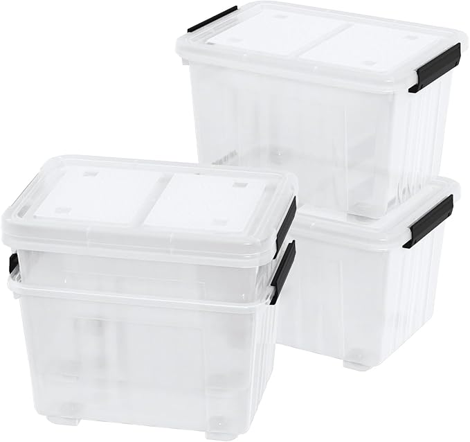 50 L 4 Packs Plastic Storage Box with Latching Lid and Wheels Clear Storage Container Bins