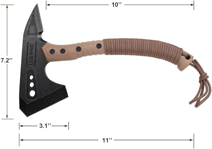 MTECH USA Tactical Tomahawk Licensed by USMC 11 Inch Total Length Black Oxidized Stainless Steel Blade Cord Wrapped Nylon Handle Hunting Camping Tan