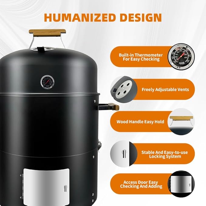 17 BBQ Smoker Grill Built in Thermometer Air Vent and adding charcoal door Multi-Layer heavy duty Meat Smoker Grill
