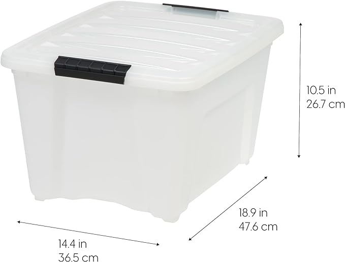 IRIS USA 32 Qt Stackable Plastic Storage Bins with Lids 6 Pack - BPA-Free Made in USA - Discreet Organizing Solution Latches Durable Nestable Containers Secure Pull Handle - Pearl