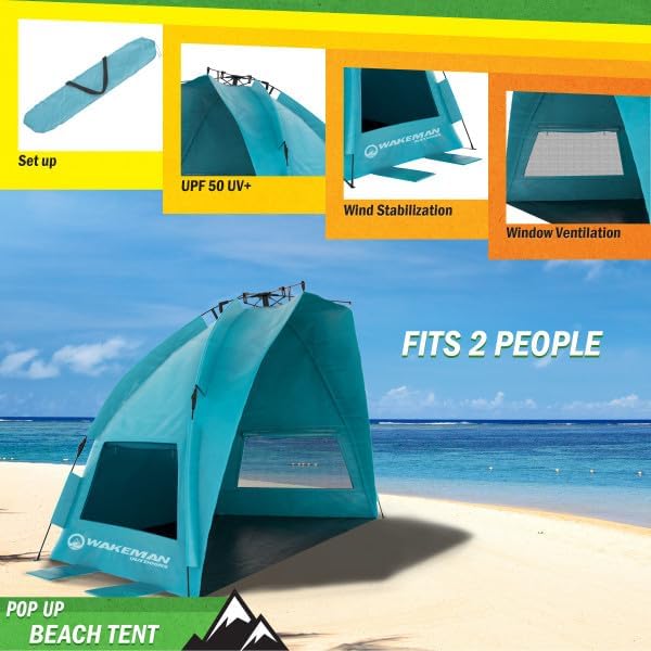 Beach Tent Sun Shelter - UPF50+ UV Protection Portable Sun Canopy for Beach Cabana - 2-3 Person Pop Up Beach Tent - Beach Essentials by Wakeman