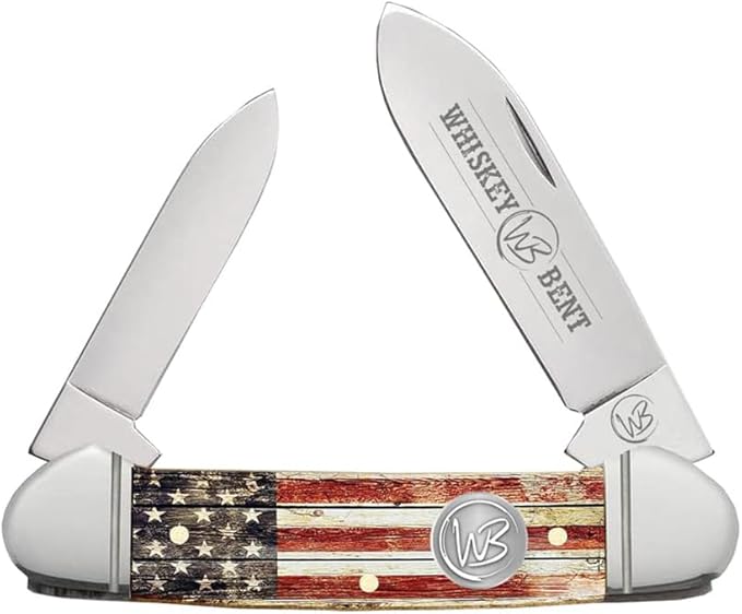 WHISKEY BENT HAT CO. Traditional Canoe Folding Camping Knife 3.63 Closed Length 440C Stainless Steel Blades (Patriot)