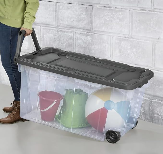 160 Quart Wheeled Stacker Extra Large Durable Clear Bin Latch Lid and Pull Handle Gray 2 Count