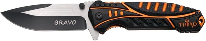 THIRD Assisted Folding Knife K0805S Black Aluminium Handle with Holes Orange Liners and Blade with Blood Effect Black Drops. 9.5 cm Stainless Steel Blade with Saw. with Clip.