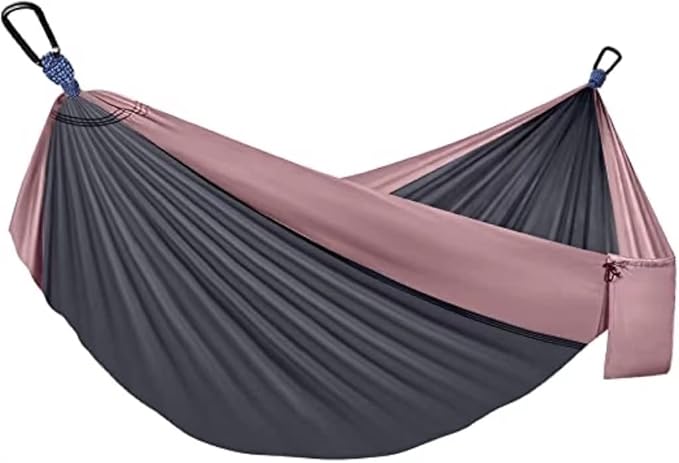 Double Camping Hammock Portable Indoor Outdoor Tree Hammock with 2 Hanging StrapsLightweight Nylon Parachute Hammocks for Backpacking Travel(Charcoal/Rose)