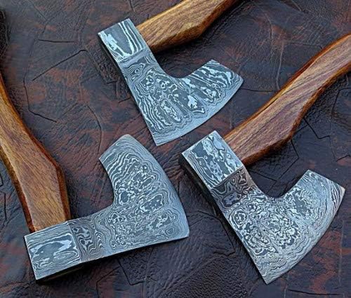 Lot of 3 Axe Damascus Steel 13 Rose Wood Handle Axe/Hand Forged Woodsman Axe