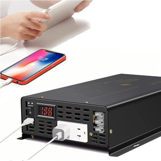 5000Watt Pure Sine Wave Power Inverter 12VDC to 120VAC 10KW Peak Built-in Soft Starter Dual AC Outlets 2× 2.4A USB Port &ampHardwire Terminal Off-Grid Solar Converter RV Trucks (U5-500012)