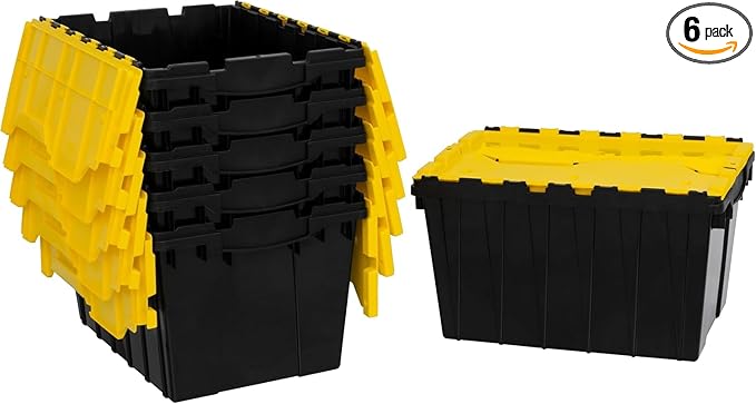 Akro-Mils KeepBox 12 Gallon Storage Container Nesting and Stackable Plastic Storage Box with Lid Attached Organizer Tote for Garages Closets Moving 21-1/2 x 15 x 12-1/2 Black/Yellow 6-Pack
