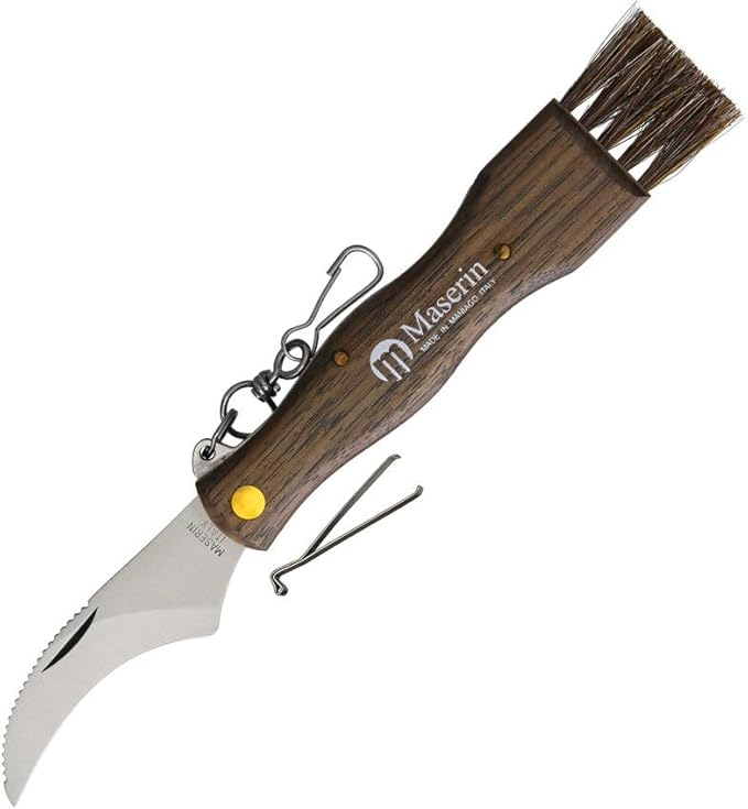 Maserin Mushroom Knife with Wood Handle 5.5 Inch Closed Stainless Hawkbill Blade Bristle Brush and Tweezers