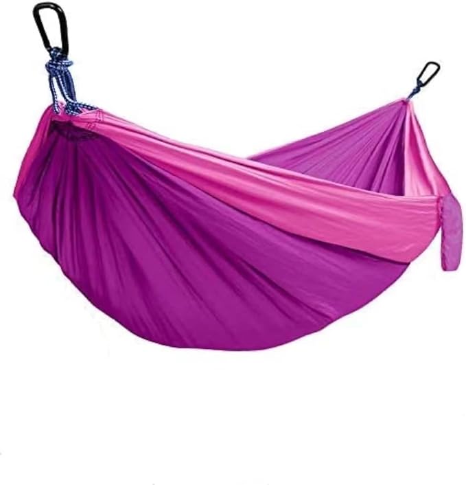 Double Camping Hammock Portable Indoor Outdoor Tree Hammock with 2 Hanging StrapsLightweight Nylon Parachute Hammocks for Backpacking Travel(Bright Purple/Pink)