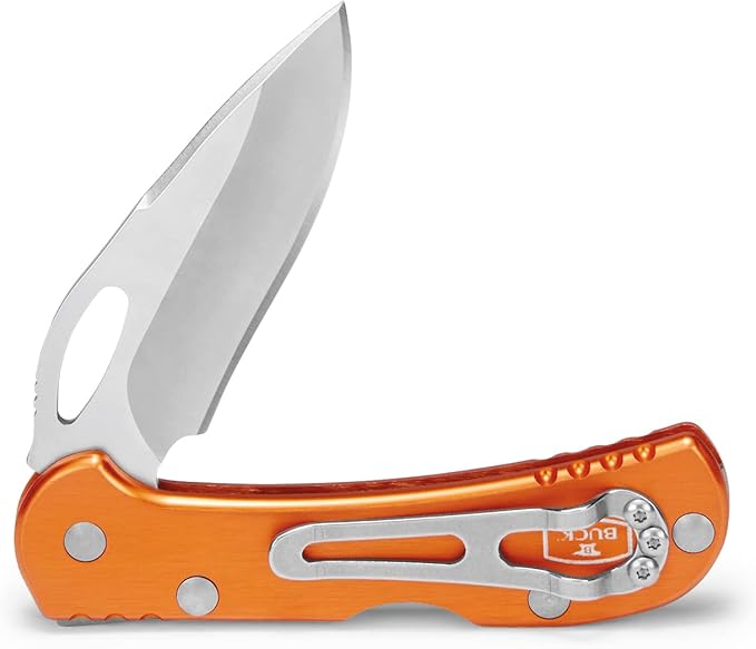 Buck Knives 726 Mini Spitfire Folding EDC Knife 2-3/4” Pocket Knife Blade Lockback Design Aluminum Handles 420HC Stainless Steel Drop Point Folding Blade Made in the USA Orange 2.1 oz
