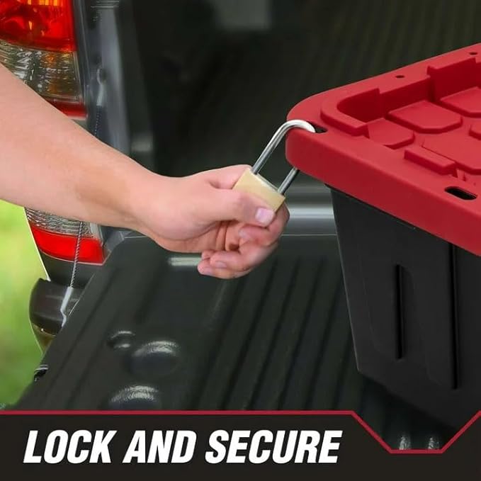 27 Gal Industrial TotePack of 2 red Plastic storage bins with lids for Garage Basement or OutdoorHeavy Duty storage TotesBlack with Red LidStackable &amp Nestable
