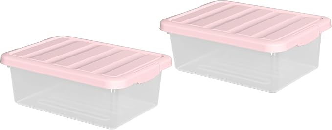 Set of 2 Clear Plastic Storage Organizer Bins with Pink Lids 14 Quart Versatile Organizer Container Boxes for Home Office and Garage