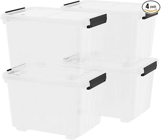 35 Quarts Plastic Boxes with Lids and Wheels Clear Storage Bin Totes Set of 4