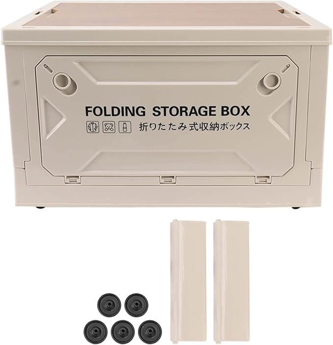 Folding Camping Storage Box with Wooden Lid Storage Bin Container with Wheels for Car Camping Picnic
