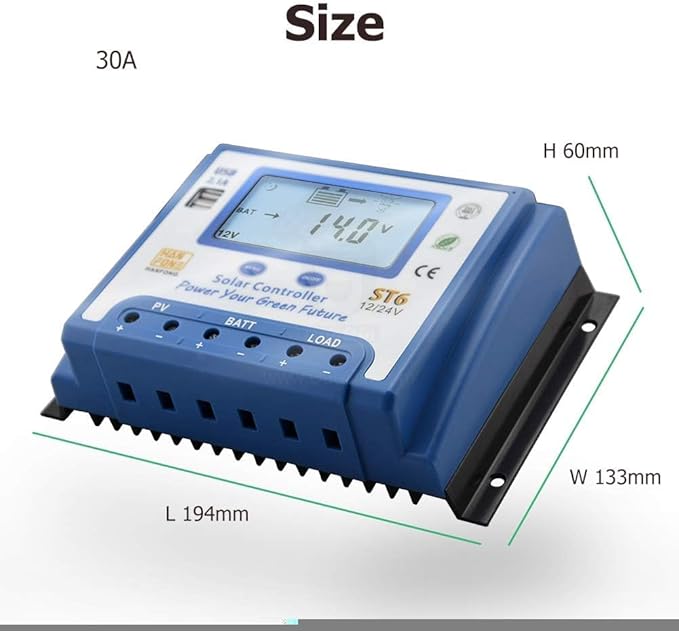30A Solar Charge Controller 12V/24V Automatic Voltage Recognition Solar Panel Charging Discharge Regulator with Dual 5V USB Output Backlight LCD Display
