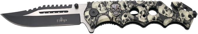 THIRD Assisted Folding Knife 17141G Aluminium Handle with camo Coated Grey Skull Pattern Holes in The Handle and Skull. with Clip
