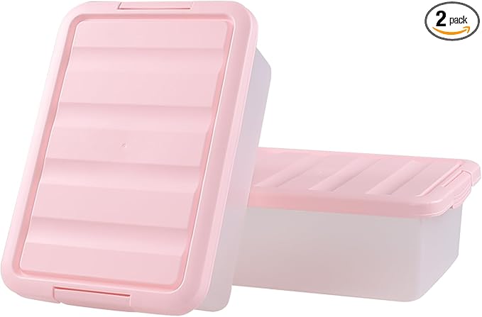 Rosebloom 14 Quart Plastic Storage Box Latching Storage Bin with Pink Lid 2 Packs