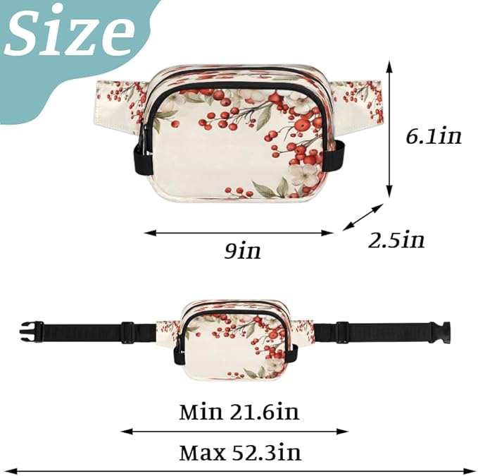 Flowery Berry Waterproof Fanny Pack for Women Men Adjustable Waist Bag with Double Zipper Pockets Lightweight Square Hip Pack for Running Travel Hiking Workout Cycling