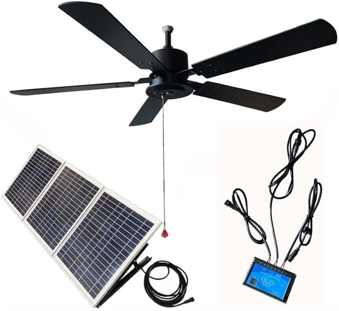 Outdoor 52 solar ceiling fan with wooden blades total 60W solar panel for porches patios gazebos breezeways (Day/Night operation version battery not included 20 inch downrod)