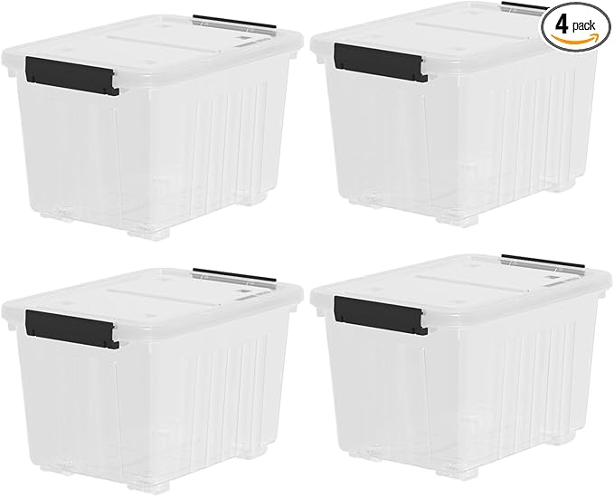 4-Pack 35 Quart Plastic Storage Bin with Secure Lid and Latching Buckles Stackable Wheeled Container Box