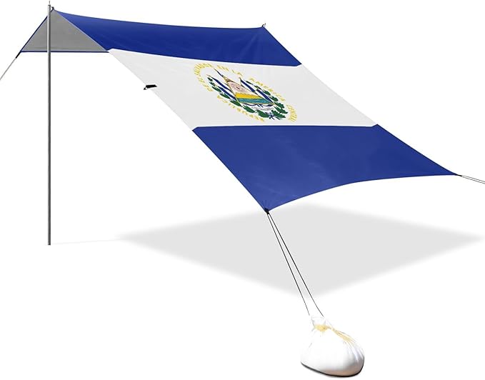 El Salvador Flag Beach Cabana UPF50+ Protection Water-Resistant Shade Sun Shelter with Sturdy Poles Sandbags and Shovel for Family Trips Picnics &amp Camping
