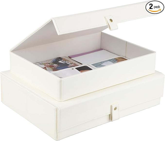 HofferRuffer Photo Storage Boxes with Dust-Proof Lid Set of 2 Faux Leather Lidded Storage Bins Photo Jewelry Scrapbooking Supplies Keepsake Organizer for Elegant Home &amp Office Decor (CreamWhi