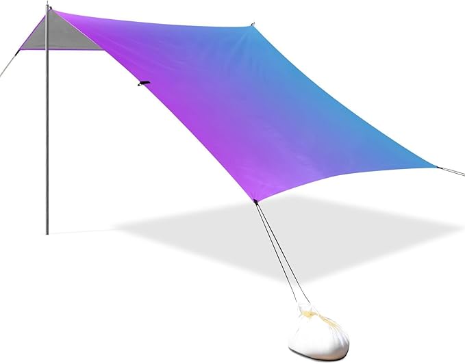 Blue Purple Gradient Beach Tent &amp Canopy UPF50+ Protection Waterproof Large Portable Sun Shelter with Sandbags and Shovel for Camping Picnics Backyard &amp Fishing