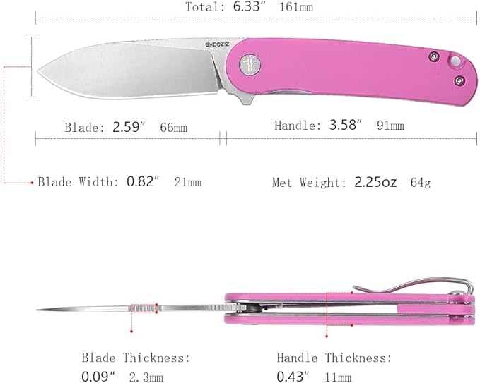 Small EDC Folding Pocket Knife for Woman - 2.59 Mini D2 Steel Satin Blade G10 Handle with Clip Classic Design for Outdoor Camping Hiking &amp Everyday Carry Man. Han309-PinkGS