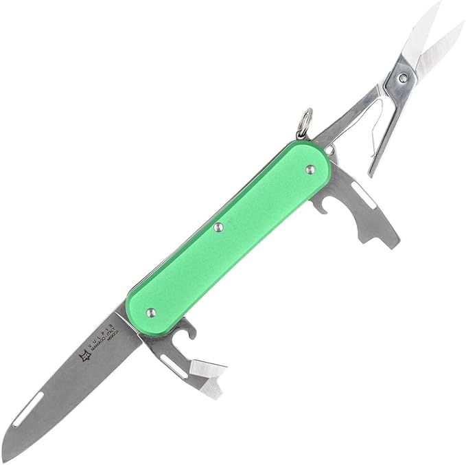 Fox Knives Vulpis FX-VP130-F4 Slipjoint Folding Knife 4-in-1 Multitool 2.17in Blade Bottle Opener Can Opener Flat Head Screwdriver Scissors - Compact Versatile Minimalist Pocket Knife (OD Green)