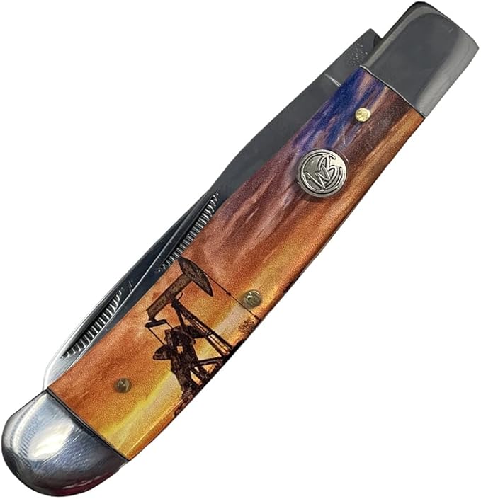 WHISKEY BENT HAT CO. Traditional Trapper Folding Pocket Knife 4.125 Closed Length 440C Stainless Steel Blades (Pump Jack Sunrise)