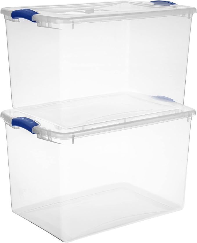 K&ampJ CHIPMUNK Storage Container Bin Storage Tote 64 Quart Clear Plastic Stackable Latch Box Tote with White Latching Lid Organizing Solution for Home &amp Classroom Blue Eclipse 6 Pack