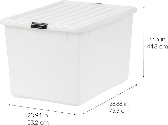 IRIS USA 144 Qt Stackable Plastic Storage Bins with Lids 3 Pack - BPA-Free Discreet Organizing Solution Latches Durable Nestable Containers Secure Pull Handle Made in USA - Pearl