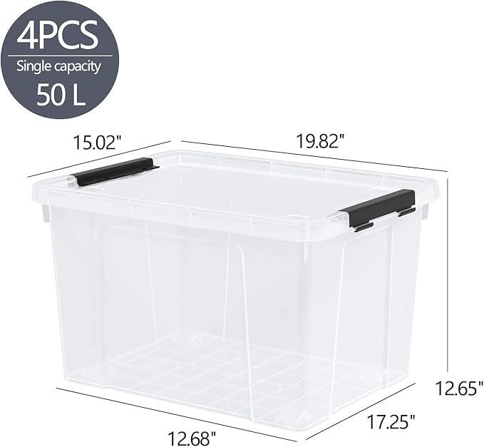 4-Pack Holiday Tote Plastic Storage Organizer Bins with Wheels 50 L Clear Stackable Organizing Containers for Home Garage and Office