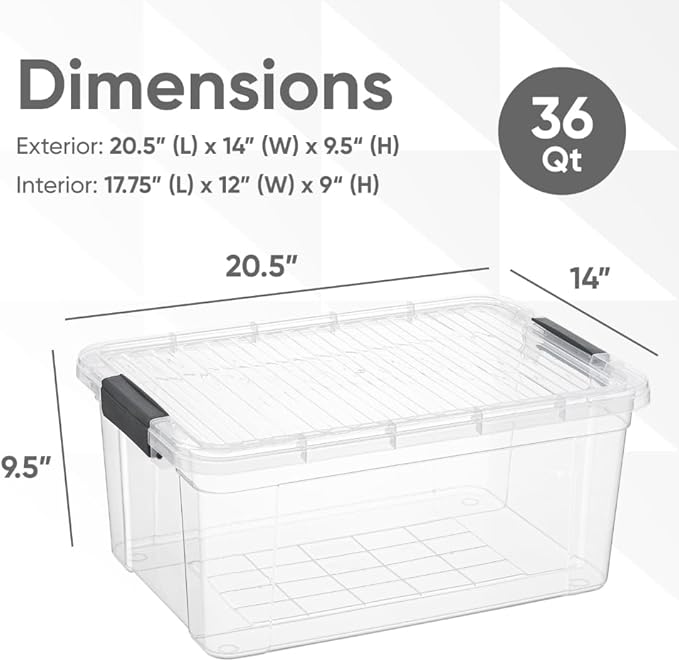 Superio Clear Storage Box with Lid 36 Quart Plastic Container Bins for Organizing Stackable Crates BPA Free Non Toxic Odor Free Organizers for Home Office School and Dorm