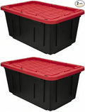 (2 Pack) 27 Gallon Large Storage Bin with Snap Lid Black and Red Heavy Duty Plastic Storage Container Stackable with Secure 2-Point Closure Lockable Holes Indoor/Outdoor Use