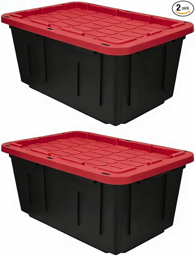 (2 Pack) 27 Gallon Large Storage Bin with Snap Lid Black and Red Heavy Duty Plastic Storage Container Stackable with Secure 2-Point Closure Lockable Holes Indoor/Outdoor Use