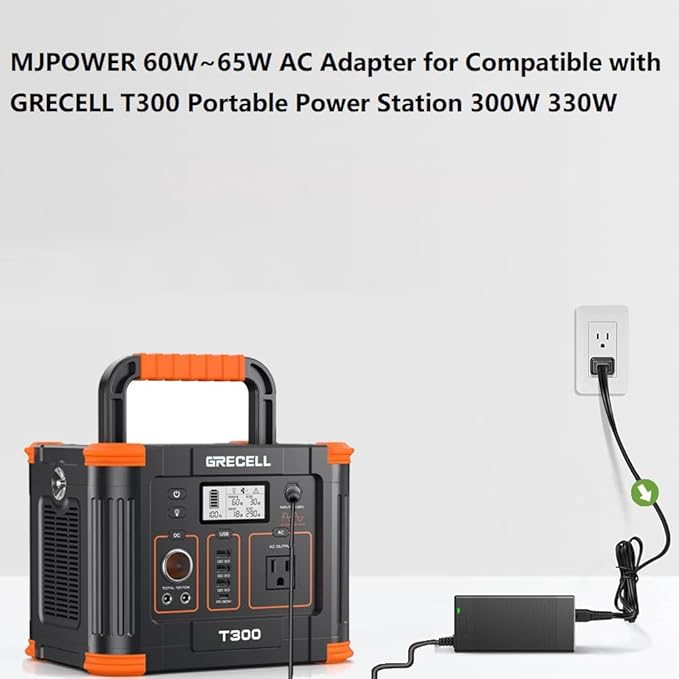 65W AC/DC Adapter Compatible with GRECELL T300 Portable Power Station 300W (Peak 600W) GRECELL 288Wh Solar Generator Replacement 60W Power Supply Cable Charger Plug Model FJ-SW20171504000D