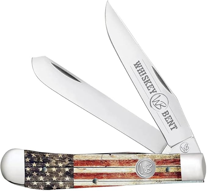 WHISKEY BENT HAT CO. Traditional Trapper Folding Pocket Knife 4.125 Closed Length 440C Stainless Steel Blades (Patriot)