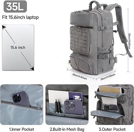 Tactical Military Backpack Large Capacity Molle System Multi-Compartment Design with Shoe Storage Black (grey)