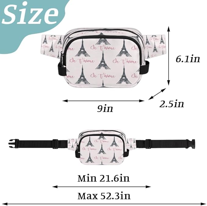 Paris Tower Waterproof Fanny Pack for Women Men Adjustable Waist Bag with Double Zipper Pockets Lightweight Square Hip Pack for Running Travel Hiking Workout Cycling