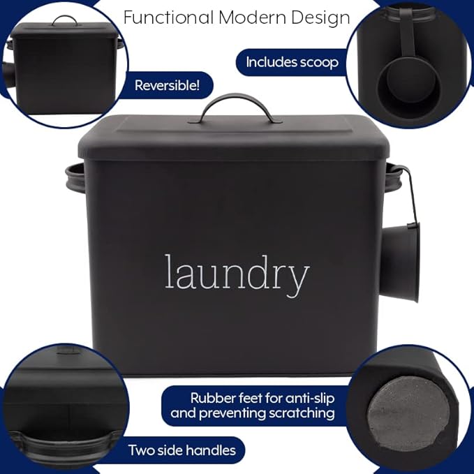 AuldHome Design Enamelware Laundry Powder Container (Black) Enamelware Detergent Bin w/ Scoop