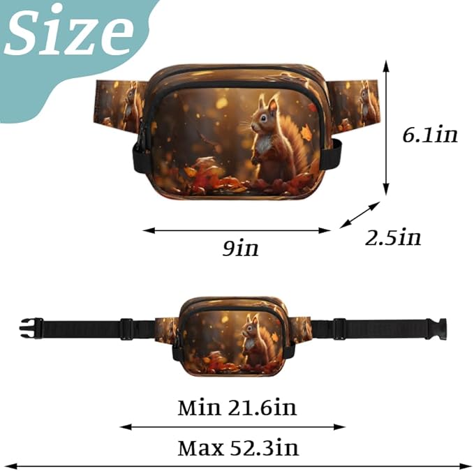 Cute Squirrel Leaves Waterproof Fanny Pack for Women Men Adjustable Waist Bag with Double Zipper Pockets Lightweight Square Hip Pack for Running Travel Hiking Workout Cycling