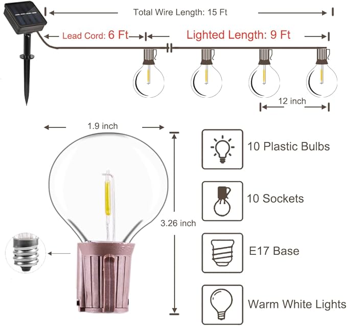 Solar Outdoor String Lights 15FT G50 Patio Lights String Waterproof with 10 Warm White LED Shatterproof Bulbs Perfect for Garden Backyard Pergola Party Cafe Camping Decoration (15FT)