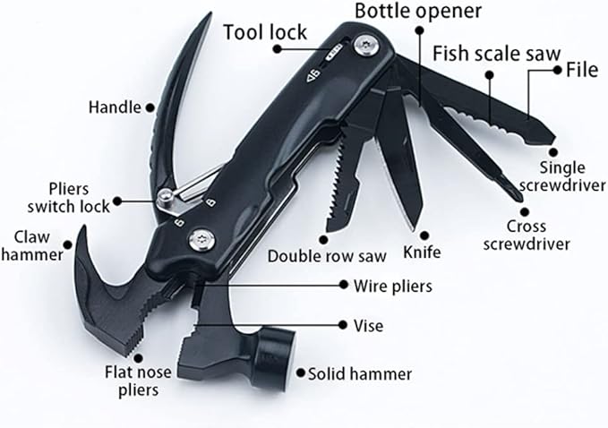 SagaSave 14-in-1 Multitool Hammer Portable Multi Tool Pliers Camping Gear Survival Tool for Sawing Wood Screwing Screws Scraping Scales Cutting Lines