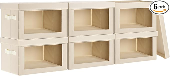 VZZNN Collapsible Toy Storage Bins 6 PCS with Lids &amp Clear Window Fabric Organizers with Handles for Closet Nursery Playroom | Beige Decorative Storage Boxes (14.5x9.4x9.8 Inches)