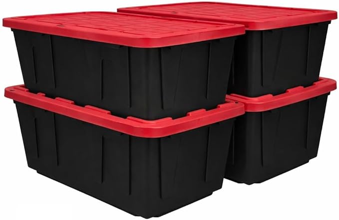 27 Gallon Large Storage Bin with Snap Lid Heavy Duty Plastic Storage Container Black and Red 4 Pack