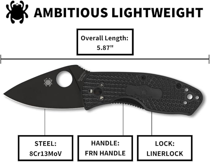 Spyderco Ambitious Lightweight Folding Pocket Knife with 2.31 Inch Stainless Steel Blade and FRN Handle - PlainEdge - C148PBBK